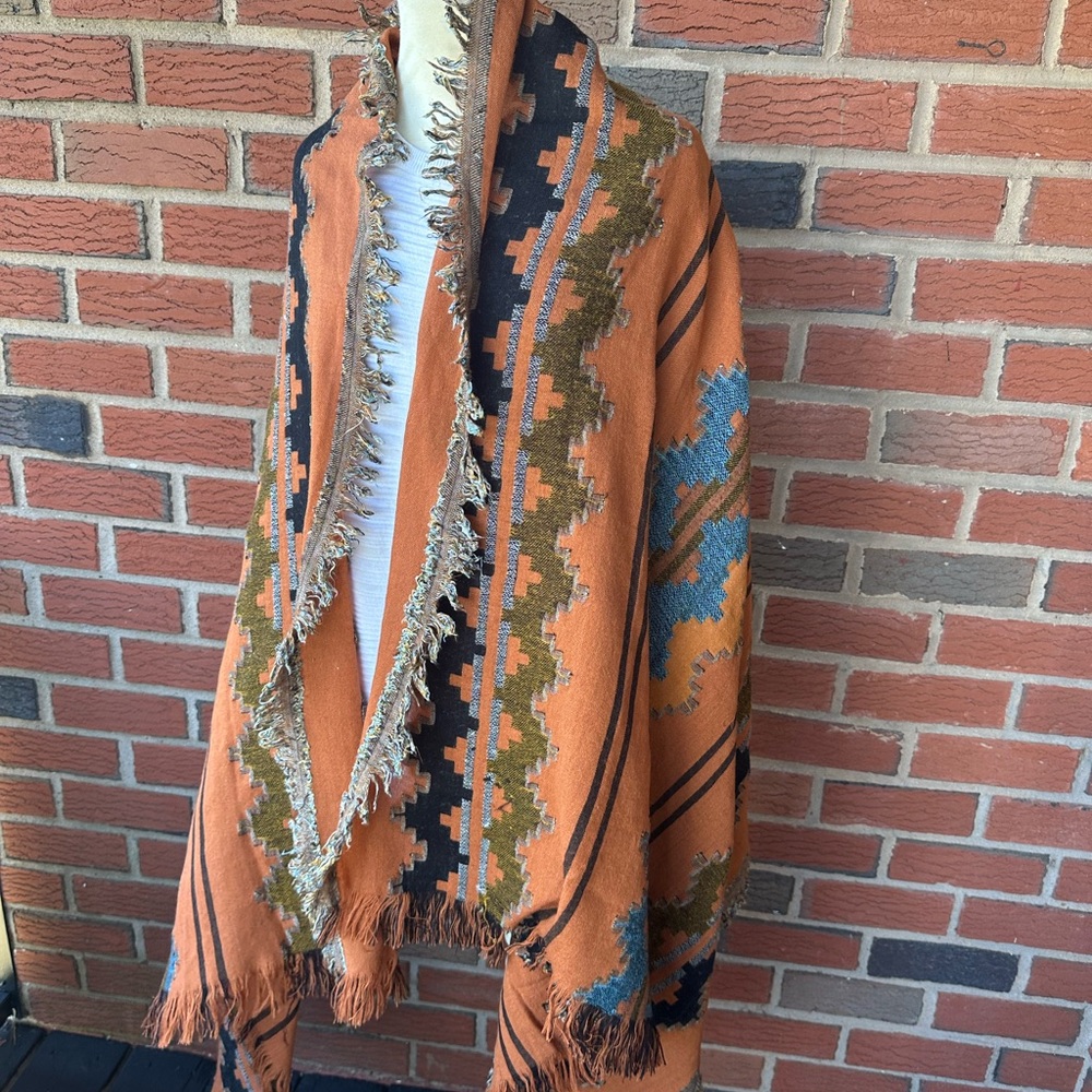 Zara Southwest Shawl/Wrap Skirt with Fringe - 74” x 36” w/o fringe - Fall Colors
